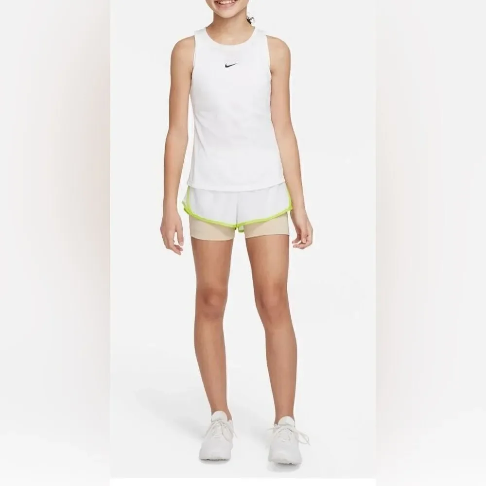 NWT NIKE Girls Dri Fit Tempo 2 in 1 Athletic Shorts White/Tan - Size Medium